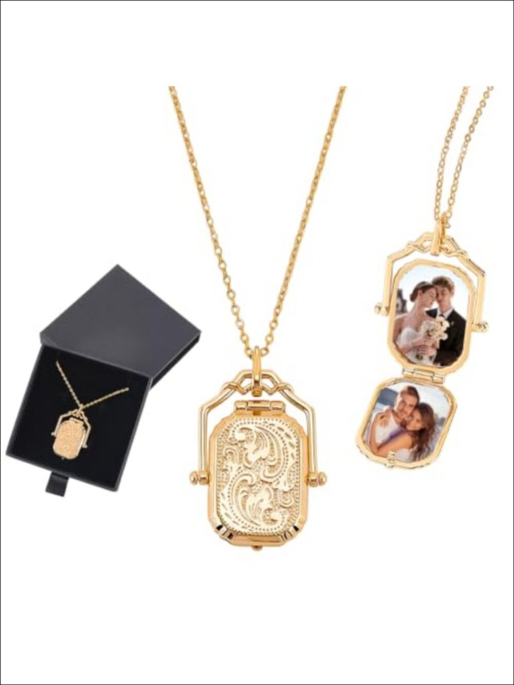 Wave Style Rectangular Photo Locket Necklace Brass Cable Chain Jewelry